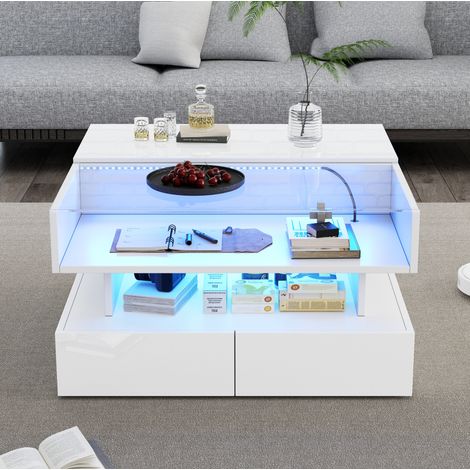 Mesa de centro elevable 80x80x45 cm, con almacenaje oculto y 2 cajones, acabado brillo, aglomerado y vidrio templado blanco (1/5)