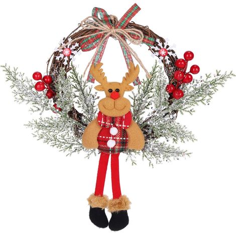 Couronnes de Noël artificielles avec cloches, rennes et décorations, convenant aux cheminées, aux portes et aux sapins de Noël.