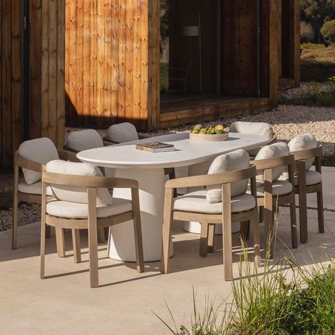 Ensemble table ovale 220x95 cm en ciment Noemi et 8 chaises de jardin en bois d'acacia Uleno SKLUM