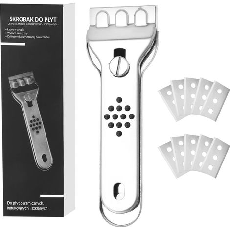 Stainless Steel Scraper with 10 Replacement Blades, Induction Ceramic Glass Scraper for Induction Hob, Windows, Tiles, Glass, Mirror (1/5)