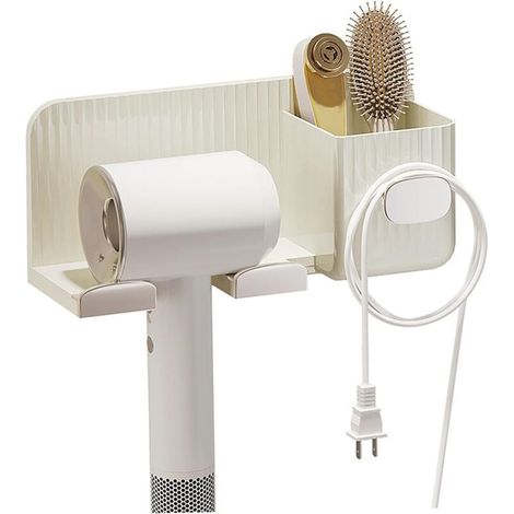 Support de sèche-cheveux support mural auto-adhésif pour outils de cheveux avec crochet de câble et boîtes de rangement support de sèche-cheveux multifonction pour accessoires de salle de bain (1/5)