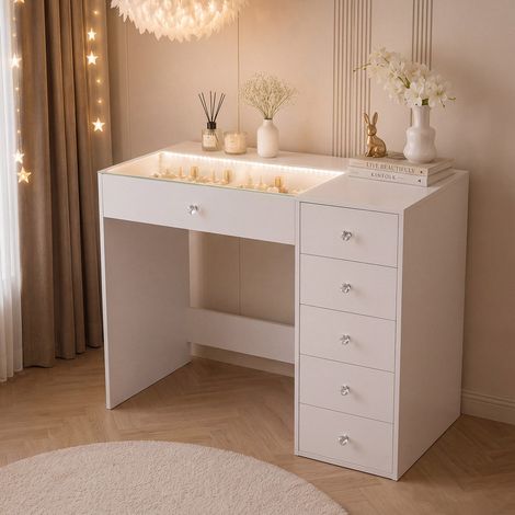 FENCHILIN Coiffeuse LED éclairage 6 Tiroirs Blanc 92 x 55 x 81 cm