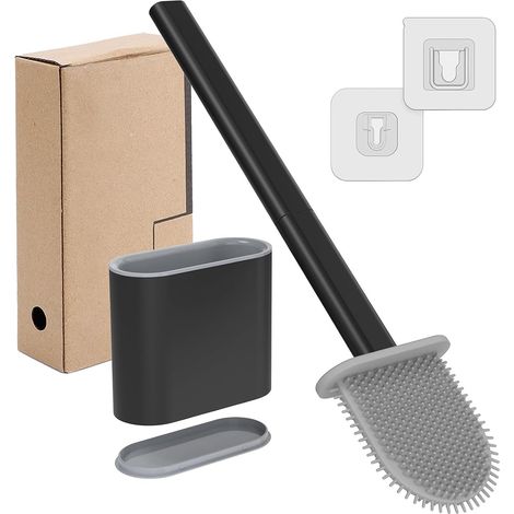 Toilet Brush Silicone, Brosse WC Plate, Ensemble de Balayette WC à Séchage Rapide, Brosse Toilette Murale avec Base à Fentes d'aération, pour la Toilette de la Salle de Bain (Noir) (1/5)