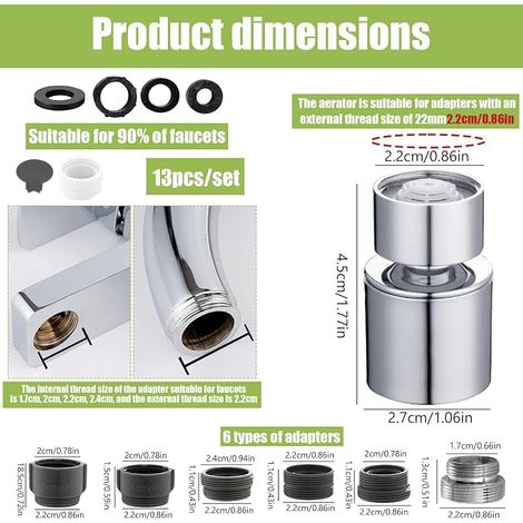 Aérateur Embout Robinet Cuisine Mitigeur Evier Cuisine Tete de Rotative pour Robinets d'Évier de Cuisine (Adaptateur 18mm vers 22mm) (1/4)