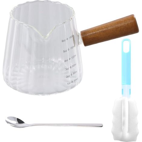 Verre Doseur avec Poignée en Bois et Becs, 180 ml/ 6oz Tasse a Cafe Expresso Verre Mesureur Expresso Petit Pichet à Lait pour Cocktails, Boissons, Café, Lait, Jus Liquide (1/5)