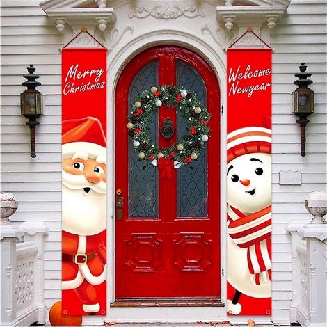 Guirnalda de bienvenida navideña - Guirnalda de Feliz Navidad, cartel navideño para el porche, decoración de pared para interiores y exteriores (rojo) (1/5)