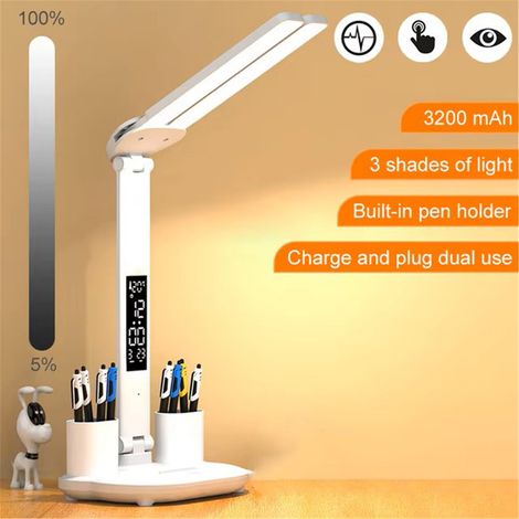 Lámpara de escritorio LED recargable de 3200 mAh, plegable, con doble brazo, control táctil, atenuación continua, reloj y soporte para termómetro. (1/5)