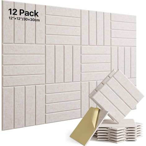 Panneaux Acoustiques Autocollant Beige Clair Lot de 12 Pièces en Polyester, Isolation Acoustique, Absorbeur Acoustique, pour Traitement Acoustique et Décoration Murale 30×30×0,9cm (1/5)