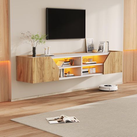 Mueble TV suspendido 180 cm para TV de 75 pulgadas, LED y 2 puertas geométricas, almacenaje para salón, negro y blanco (1/5)