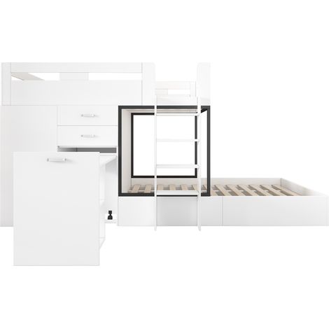 Lit mezzanine enfant avec bureau coulissant, armoire, tiroirs et étagères 90 x 200 cm MDF blanc (1/5)