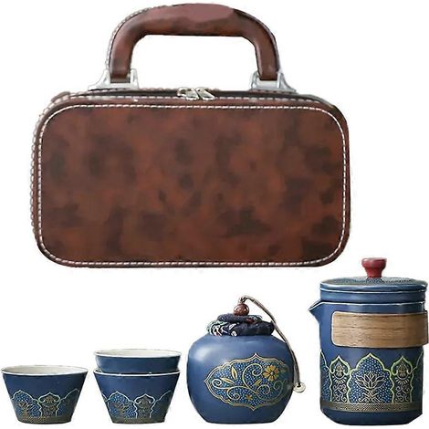 Tragbares Reise-Teeset (1-teilig): Keramik-Teekanne, Teedose, Teetasse, Teedose mit Lederbeutel. (1/5)