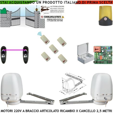 Motori Cancello Elettrico 220 V Braccio Articolato Ricambio Cancello Automatico 5 MT 2 Ante Battenti da 0,5 Fino a 2,5 Metri Centrale 5 Radiocomandi Fotocellule (1/4)