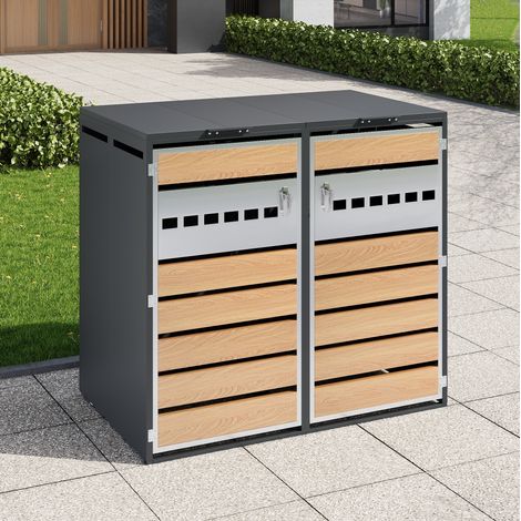 Armoire cache-poubelles de jardin en acier galvanisé gris aspect bois, 2 compartiments, couvercle hydraulique, verrouillable (1/5)