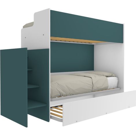 Letto a castello minimalista con terzo letto estraibile - Bianco e Petrolio