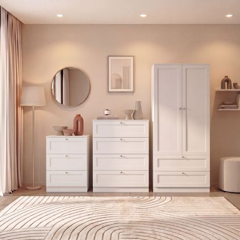 Altino 3 Piece Bedroom Set with 3 Drawer Bedside, 4 Drawer Chest, 2 Door 2 Drawer Wardrobe, White