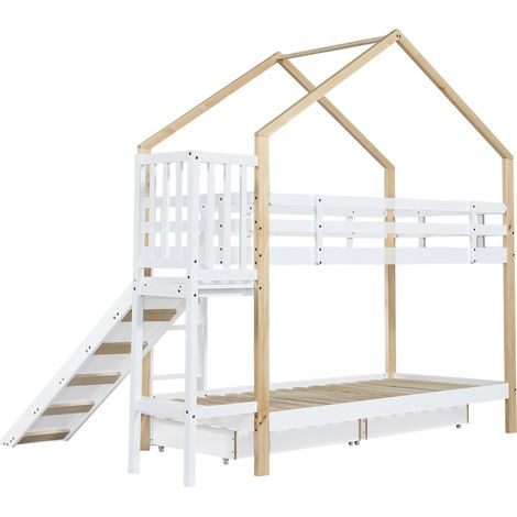 HOMVRA Haus-Etagenbett 90x200 cm mit Rutsche, Leiter und 2 Schubladen (1/5)