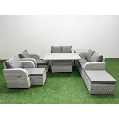 Fimous 9 Seater Outdoor Reclining Chair Love Sofa Set Rattan Garden Furniture Set with Adjustable Lifting Dining or Coffee Table 3 Stools Side Table Light Grey (1/5)