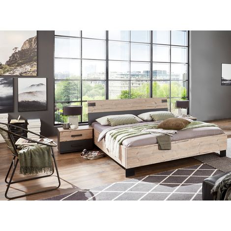 Lit adulte double + chevets coloris chêne - Longueur 188 x Profondeur 210 x Hauteur 94 cm -PEGANE- (1/2)