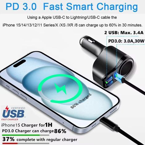 𝟒 𝐞𝐧 𝟏 Caricabatterie per auto USB, 𝟒𝟖𝐖 Caricabatterie per auto USB PD3.0 Caricabatterie per auto USB C rapido, Adattatore per presa di carica per auto USB per iPhone 16/15/14/13/12/11, iPad, S (1/4)