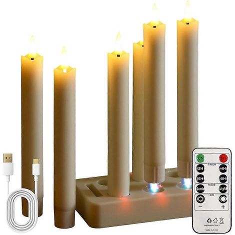 Bougies LED rechargeables coniques avec minuterie à distance, lot de 6 bougies en cire avec station de charge, mèche 3D à lumière chaude vacillante (1/5)