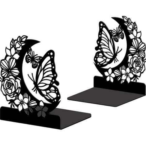 Lot de 2 Serre-Livres Métal Fleurs, Lune et Papillon Décoratif (1/5)