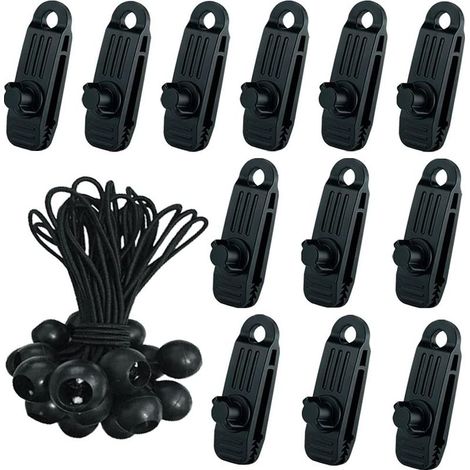 24 Pcs Clip de Tente Bâche avec 12x Pince pour bache et 12x Tendeur Corde Elastique, Pince a oeillet pour bache Camping Accessoires pour Tentes, bache Piscine, Bâches, Auvents, Gazebos Tente- (1/5)