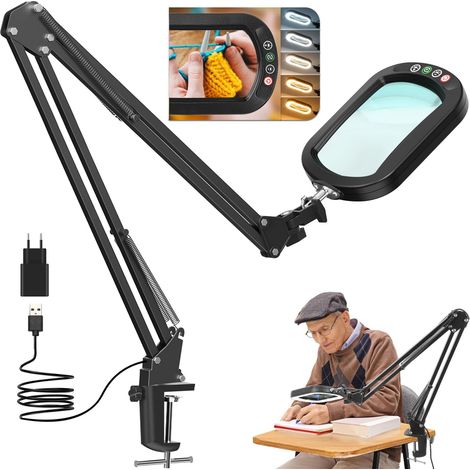 Loupe 10X avec lumière et pince, loupe LED en verre véritable avec lumière et support, 5 modes de couleur à intensité variable, loupe de lecture pour seniors, grande loupe pivotante, mains libres (1/5)