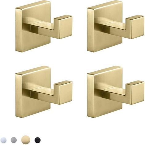 Lot de 4 crochets à serviettes en acier inoxydable SUS304 en nickel brossé - Support mural pour salle de bain, cuisine, hôtel - Fixation murale (or brossé) (1/4)