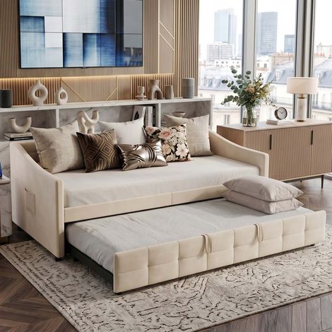 Creahappy Canapé Lit Gigogne 90x200 cm - Lit Banquette Gain de Place avec Lit Tiroir - Tissu Velours Moderne - Beige Crème (1/5)
