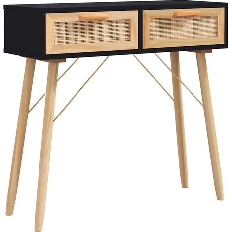 vidaXL Mesa consola madera pino maciza ratán natural negro 80x30x75 cm (1/2)