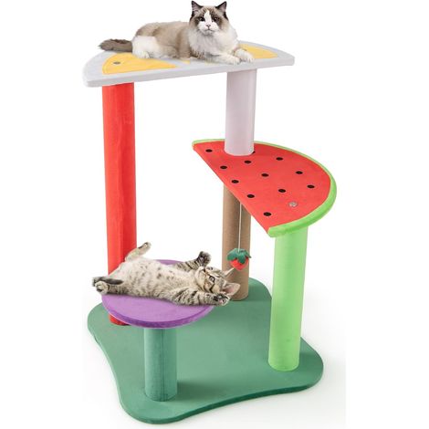 COSTWAY Arbre a Chat Design 69 cm, Petit Arbre a Chat, 4 Plateformes, Poteau à Griffer en Sisal, Arbre a Chat Bois, Thème des Fruits, Pompon Suspendu, Peluche Douce, 48 x 48 x 69 cm (1/5)