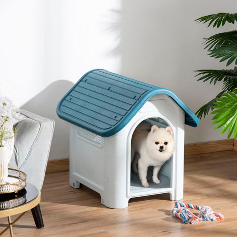 Mini cuccia per cani PawHut per uso interno ed esterno con prese d'aria, stile cabina, resistente, 59x75x66 cm, blu e grigio (1/5)