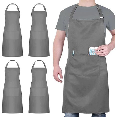 Lot de 4 tabliers de chef à 2 poches, imperméables et ajustables, pour hommes et femmes. Tablier professionnel idéal pour la cuisine, la pâtisserie, le jardinage, la restauration et le barbecue. (1/5)