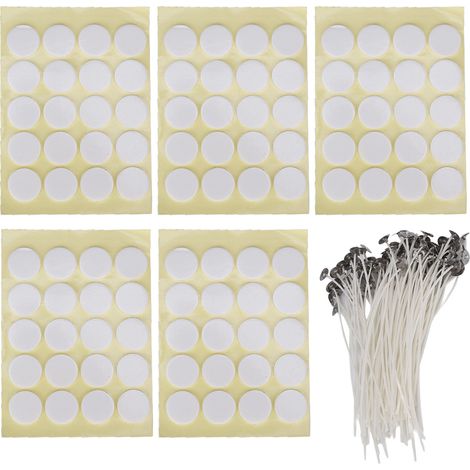 200 mèches de bougie blanches unies de 15 cm avec support 100 mèches + 100 autocollants adhésifs double face jaunes (1/5)