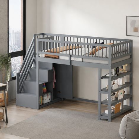 DESMIU Lit mezzanine Lit simple 1 place avec armoire, rangements et échelles de sécurité 90 × 200 cm sans matelas (1/5)