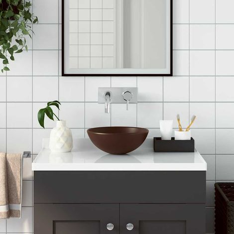 vidaXL Lavabo de cuarto de baño redondo cerámica marrón oscuro (1/5)