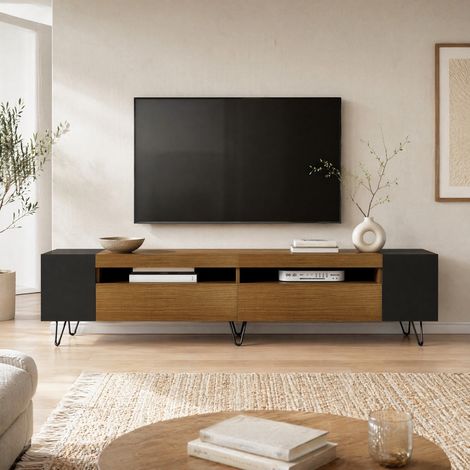 Meuble TV 180 cm noir et effet bois avec rangements, MDF et panneau de particules HAVRYA (1/5)