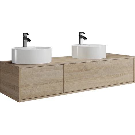 Mobile bagno sospeso color legno naturale chiaro con doppio lavabo rotondo - L150 cm - ISAURE II
