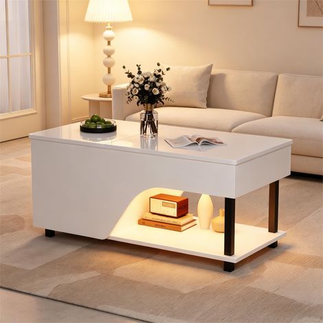 Table basse LED relevable 100 x 50 x 46 cm - Blanche haute brillance - Rangement caché et étagère latérale (1/5)