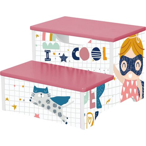Sgabello GINGER HOME per Bambini, Gradino in Legno a 2 Livelli, Scaletta per Cameretta, Rosa, SUPER GIRL (1/5)