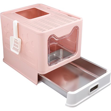 Haloyo® Katzenklo mit Deckel & Edelstahl-Schublade, Katzentoilette Edelstahl mit Schaufel, 38x41x51cm, Rosa (1/5)