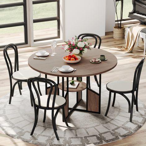 GARVEE - Table Ronde 59.59" GARVEE avec Étagère de Rangement, Table de Cuisine Bois et Métal pour 4-6 Personnes, Style Moderne Fermière (1/5)