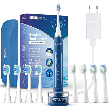 Brosse à dents électrique, avec station de charge sans fil, brosses à dents à ultrasons et étui de voyage, minuterie de 2 minutes, 3 modes, 3 intensités, 8 têtes de brosse, SG-982 (Bleu) (1/5)