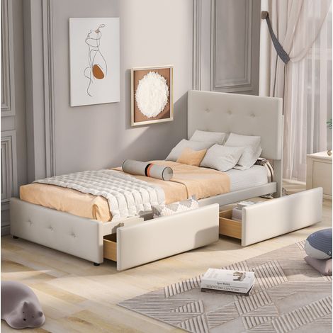 Cama tapizada de terciopelo beige 90x200 cm con somier de láminas y cajón de almacenamiento (1/5)