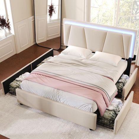Lit capitonné avec éclairage LED, 140x200 cm, beige, tête de lit réglable en hauteur, 4 tiroirs, sommier à lattes en bois, sans matelas