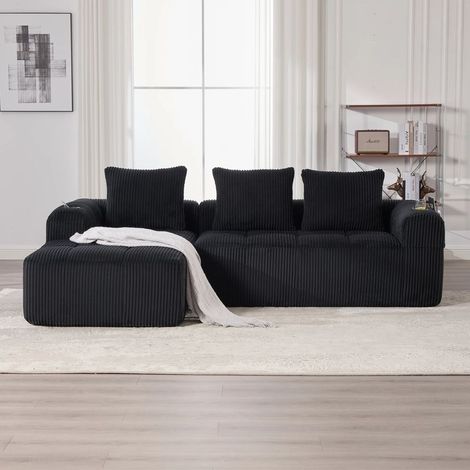 Canapé d'angle convertible 3-4 places,En Velours Côtelé,avec poche latérale et porte-gobelet,253 x 158 x 61cm,Noir