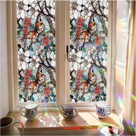 Fensterfolie mit Blumenmuster – Regenbogen-Glasoptik – UV-beständig, statisch haftend – ohne Klebstoff – 1 Stück (1/5)