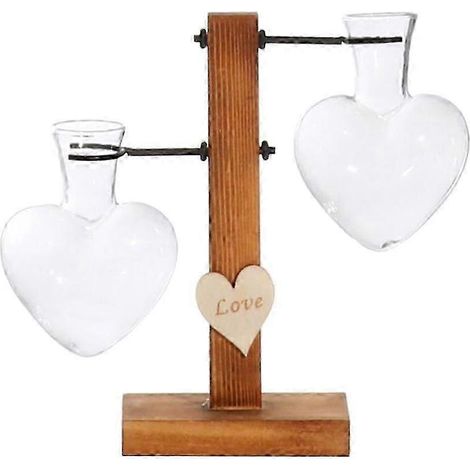 Vase en forme de tube à essai en forme de cœur sur support en bois, pour fleurs artificielles