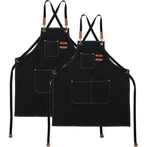 Tablier de cuisine en toile (lot de 2) avec 3 poches, tablier de barbecue professionnel imperméable pour barbier, chef, jardinier (1/2)