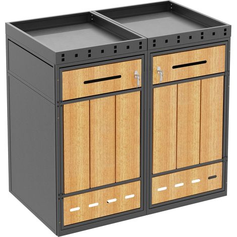 Coffret poubelle en acier galvanisé avec toit jardinière, 120-240 L, design bois et gris (1/5)